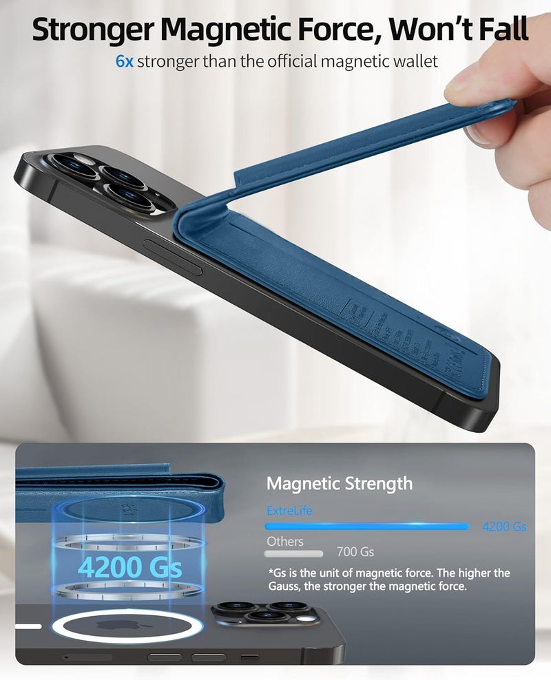 ExtreLife for Magsafe Wallet, Works with Apple Find My, Strongest Magnetic Wallet for iPhone 17/16/15/14/13/12 Series, WalletTracker with Adjustable Stand, 6 Cards Holder, Dark Blue - Image 4